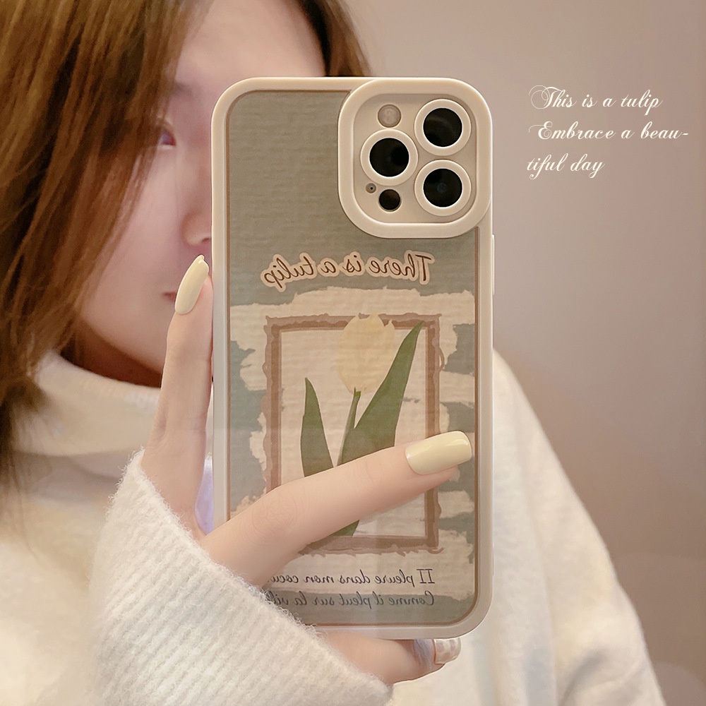 IPHONE Soft Case Handphone Bingkai Foto Tulip Putih Vintage Untuk Iphone7 8 PLUS X XR XS 11 12 13 14 MINI PRO MAX SE 2020 Cover