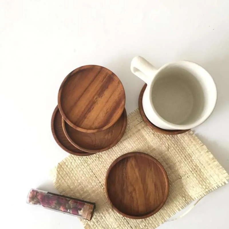 Paket souvenir wood coaster set isi 4pcs bahan maghoni dan jati