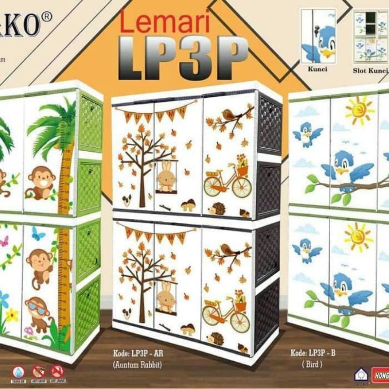 AKAKO - Lemari Pakaian Plastik Anak 3 Pintu Susun 4 Printing (LP3P)