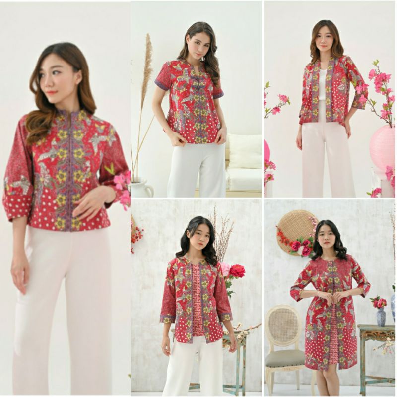 Atasan Blouse Batik Wanita Lengan 7/8 Edisi Imlek Warna Merah, 242 AUS / ACI#-7