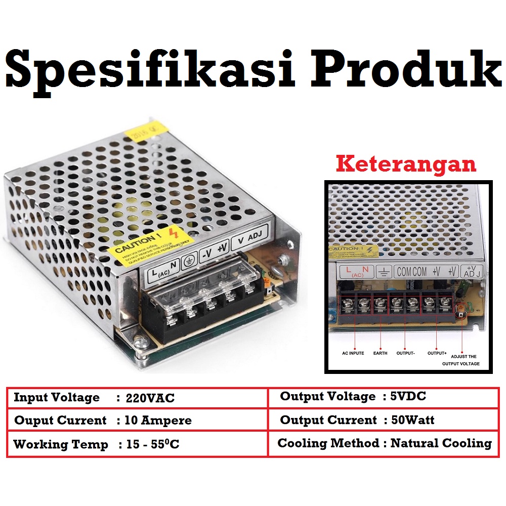 [HAEBOT] Power Supply Switching Adaptor Adapter 5V 10A DC PSU Jaring 50W 220V 5 Volt Switch Mini CNC Pencatu Catu Daya CCTV Trafo Elektronika