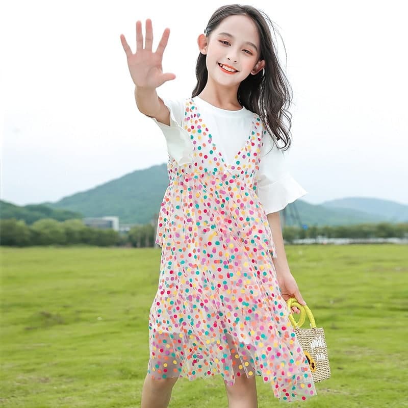 Promo !! Dress anak import trendy / dress polka colorful layer ukuran 3-6tahun