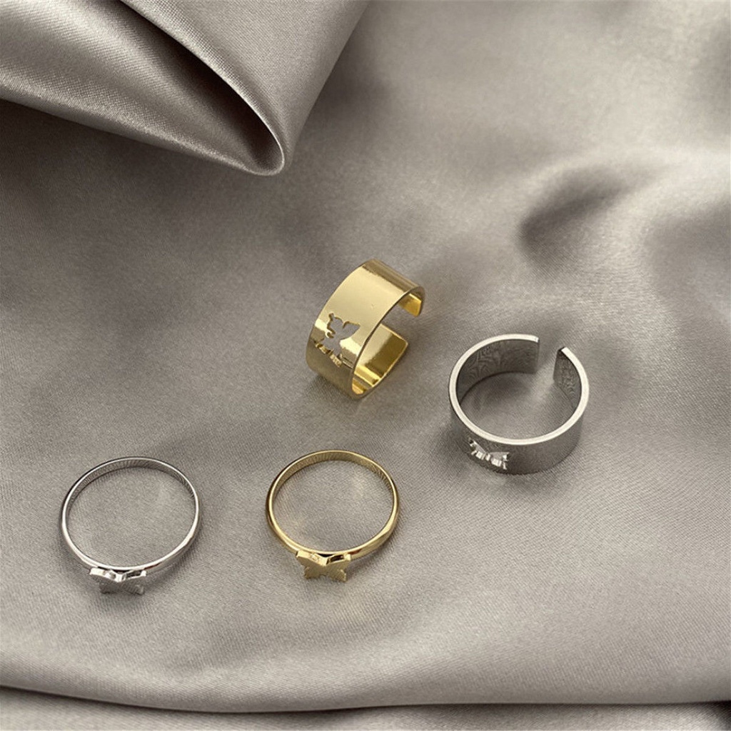 Set Cincin Model Terbuka Desain Butterfly Bintang Bulan Warna Emas Silver 17KM Dapat Disesuaikan Untuk Pasangan
