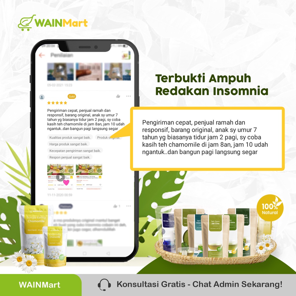 ANTI IMSOMNIA !!! Teh Bunga Chamomile 50 gr Herbal Relaksasi kaya Antioksidan Isi Lebih Banyak