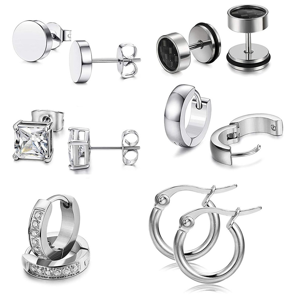 Hu Hu Hu Hu Hu Alat Bantu Pasang Kacamata♡ 6 Pasang Anting Stud Bahan Stainless Steel Aksen Berlian Imitasi Untuk Unisex