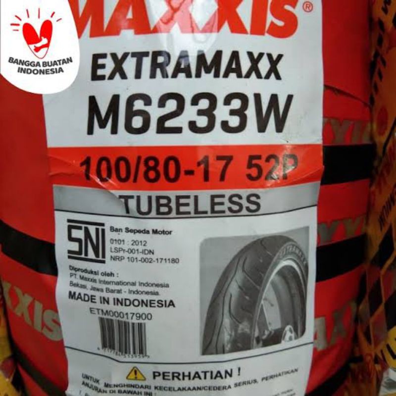 BAN MOTOR MAXXIS M6233 EXTRAMAX 100/80 RING 17 TUBELESS