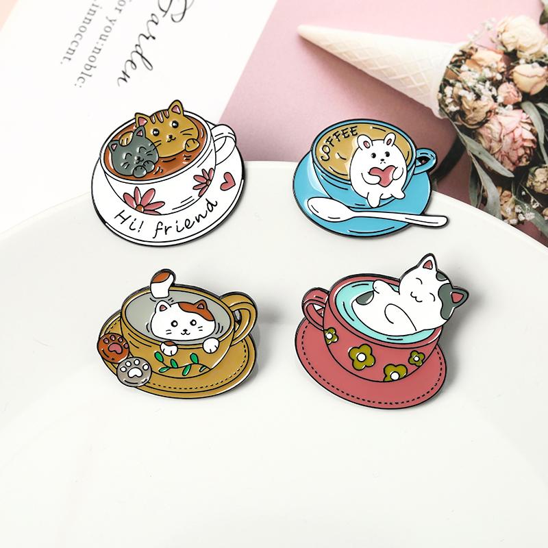 Bros Pin Enamel Bentuk Kucing Cangkir Kopi Untuk Hadiah Anak