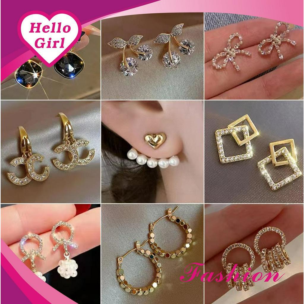 (Hello Girl)E48 Anting Tusuk Wanita Style Korea Motif Pita  Mutiara Permata Import