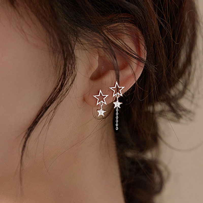 S925 Silver Five-pointed Star Cross Tassel Zircon Hollow Solid AB Asymmetrical Ear Stud Earrings Hip Hop Punk Jewelry Gift