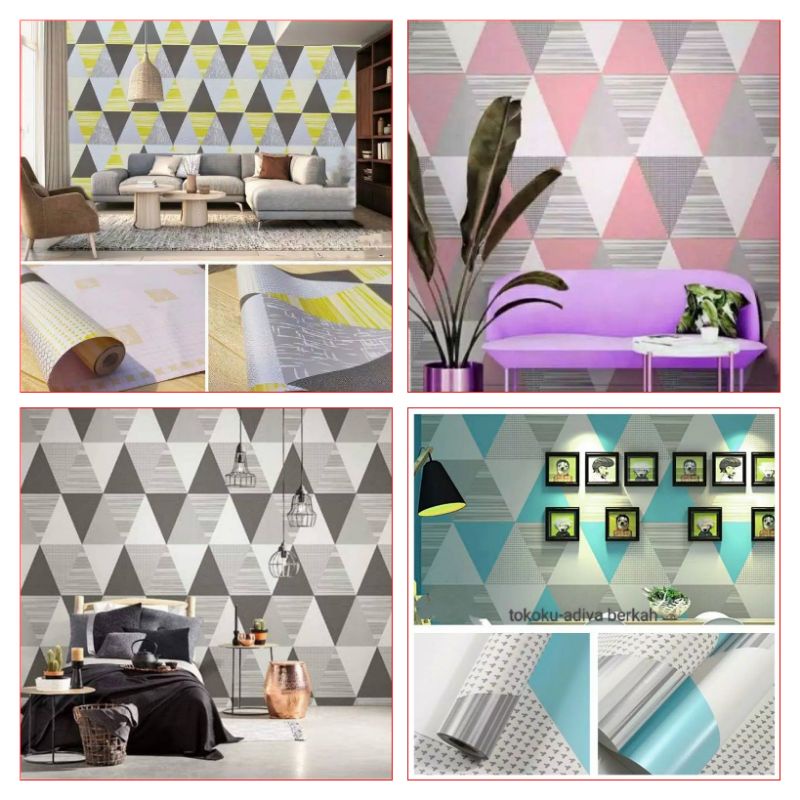 Wallpaper Stiker Dinding Motif Segitiga Variasi Warna Putih Abu Kuning Pink Biru//Dekorasi Rumah Rua