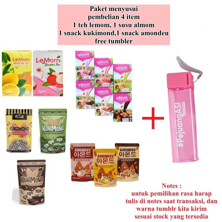 PAKET MENYUSUI ISI 4,LEMOM TEA,SUSU ALMOM,KUKIMOND,AMONDEU FRE TUMBLER