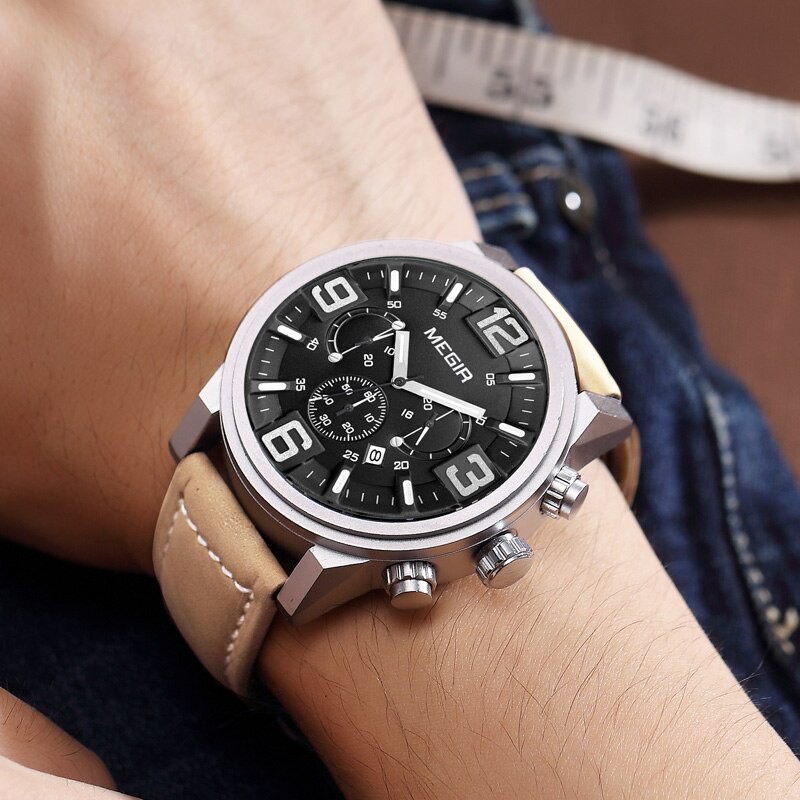 MEGIR 3010 Jam Tangan Pria Analog Chronograph Tali Kulit WATCHKITE WKOS