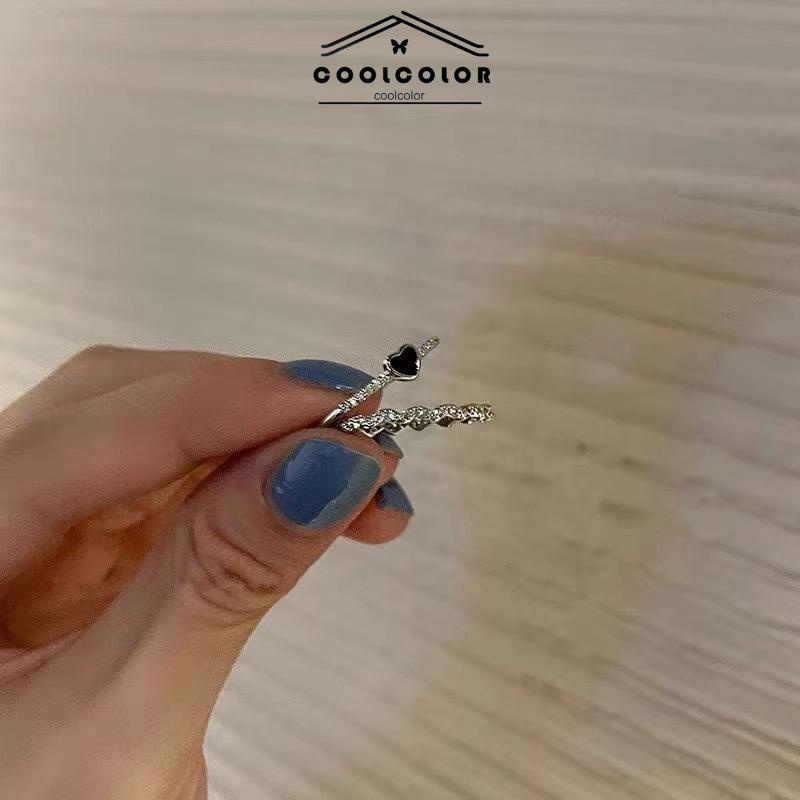 COD❤️2 Pcs/Set Cincin Zirkon Hitam Wanita Anti Karat dan Anti Luntur Hati Cinta Korea Gaya Aksesoris Fashion Murah Impor-cl