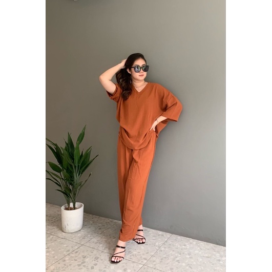 JOSHIN Setelan Cp wanita jumbo - oneset oversize v neck - set dailywear wanita crinkle