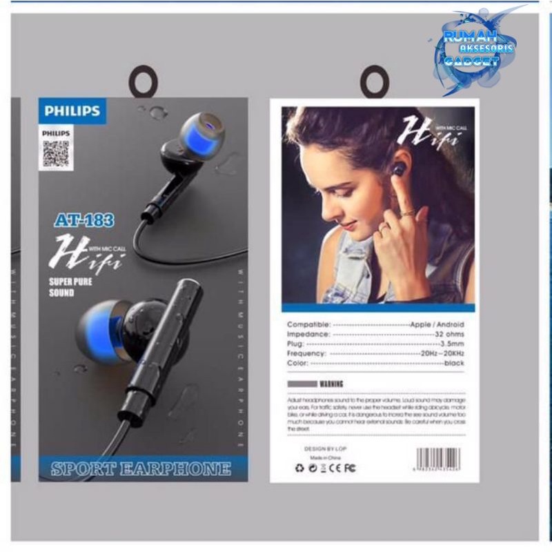 100 % ORIGINAL Hansfree PHILIPS AT 183 AT 181 178 198 headset sport earphone dengan kualitas Hifi original