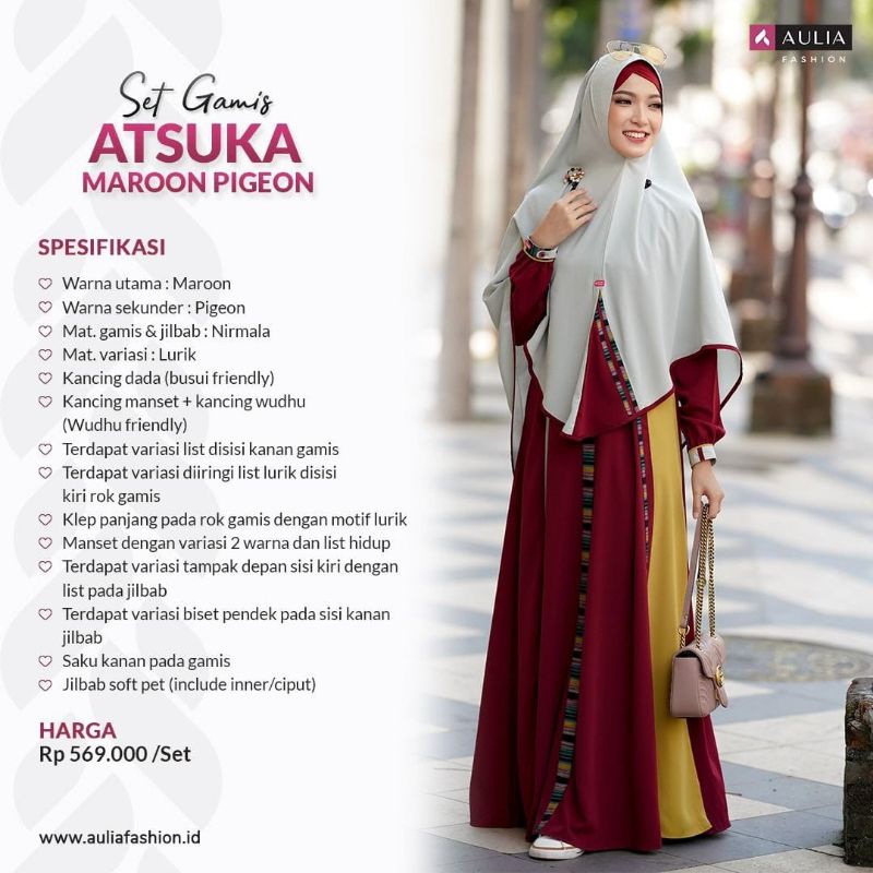 SET GAMIS SYARI ATSUKA MAROON PIGEON BY AULIA FASHION KOLEKSI TERBARU 2022 TERMURAH DAN ORIGINAL
