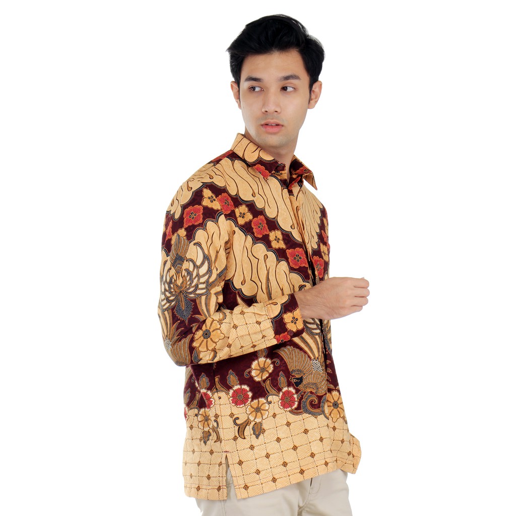 New Benhill Kemeja Pria Batik Sutra Dobby Lengan Panjang Merah Dan Biru Motif 25068