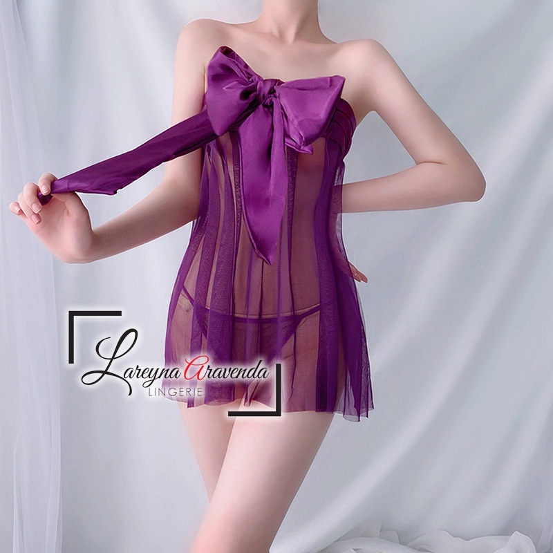 Set Lingerie + G String Seksi Model Gaun Kemben Kado Transparant LG384