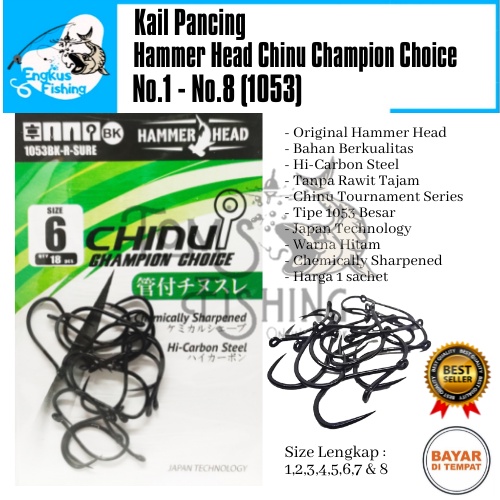 Kail Pancing Hammer Head Chinu Champion Choice 1053 Besar (No.1 - No.8) Hitam Tanpa Rawit - Engkus Fishing