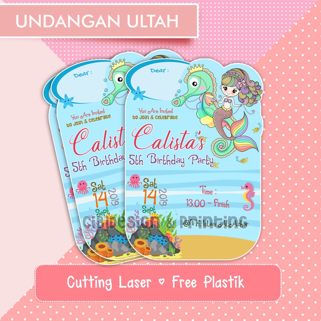 Kartu Undangan Ultah custom / Invitation Anak Lucu Cutting Mermaid2