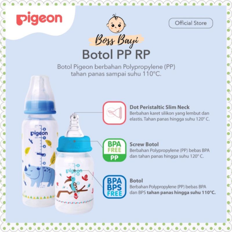 PIGEON - Botol Susu Dot Bayi Anak Peristatic Nipple Slim Neck PP RP Motif Gambar Hewan Langka uk 50ml/120ml/240ml