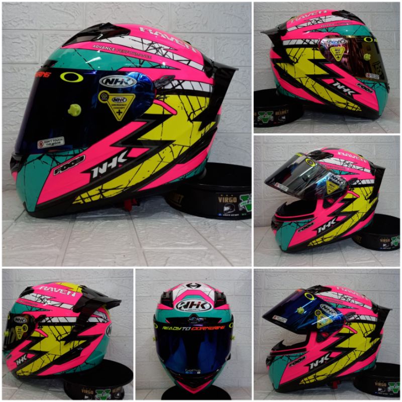 NHK RX9 MOTIF RAVEN AQUA SERIES PINK FLUO PAKET GANTENG VISOR IRIDIUM + SPOILER