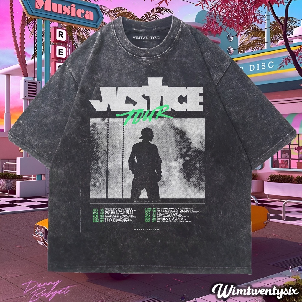 KAOS JUSTIN BIEBER JUSTICE TOUR SONG WASHING VINTAGE TEE (OVERSIZE WASHED T-SHIRT)