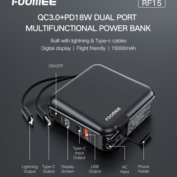 Power Bank FOOMEE RF15 15000mAh QC3.0+PD18W Digital Display Powerbank