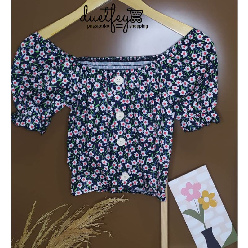 Blouse Wanita Crop Impor Motif Bunga Warna Navy