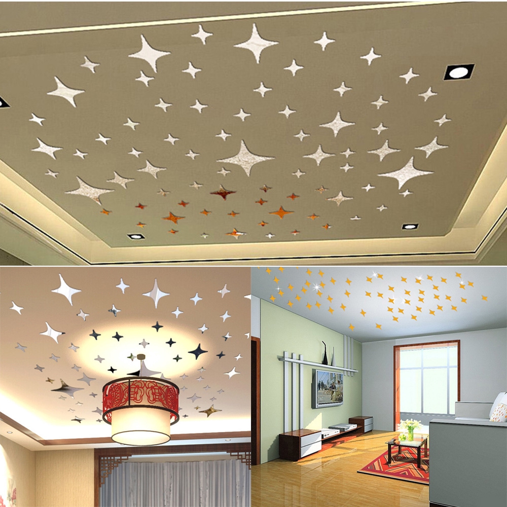 50pcs 3d Star Shape Ceiling Mirror Wall Stickers Art Mural Decal