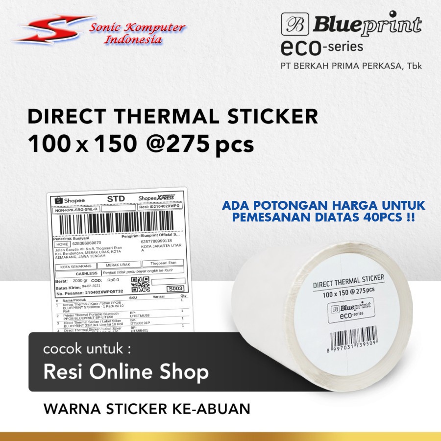 Direct Thermal Sticker Label Resi BLUEPRINT ECO 100x150 mm isi 275Pcs