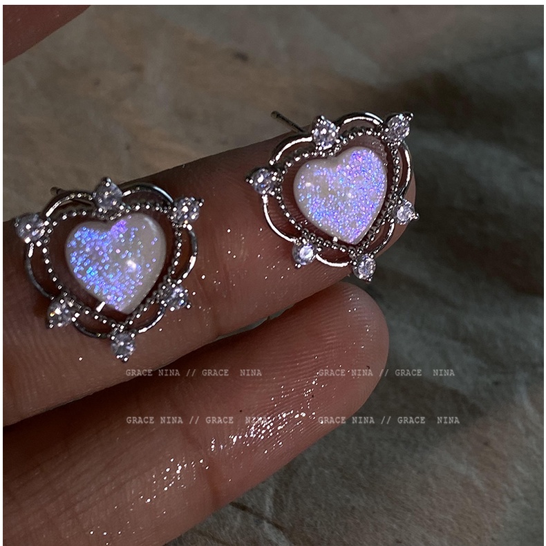 Anting Tusuk Silver Y2k Desain Hati Hias Opal Gaya Vintage Untuk Wanita