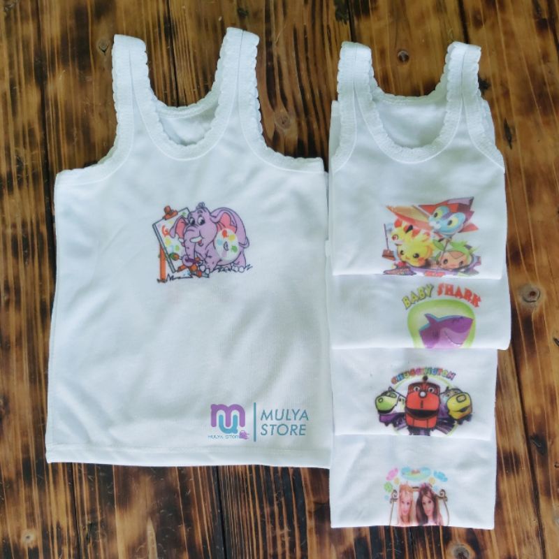 12 Pcs Singlet Anak Sablon Gambar Karakter Kaos Dalam Pria Wanita PUTIH Lucu Murah