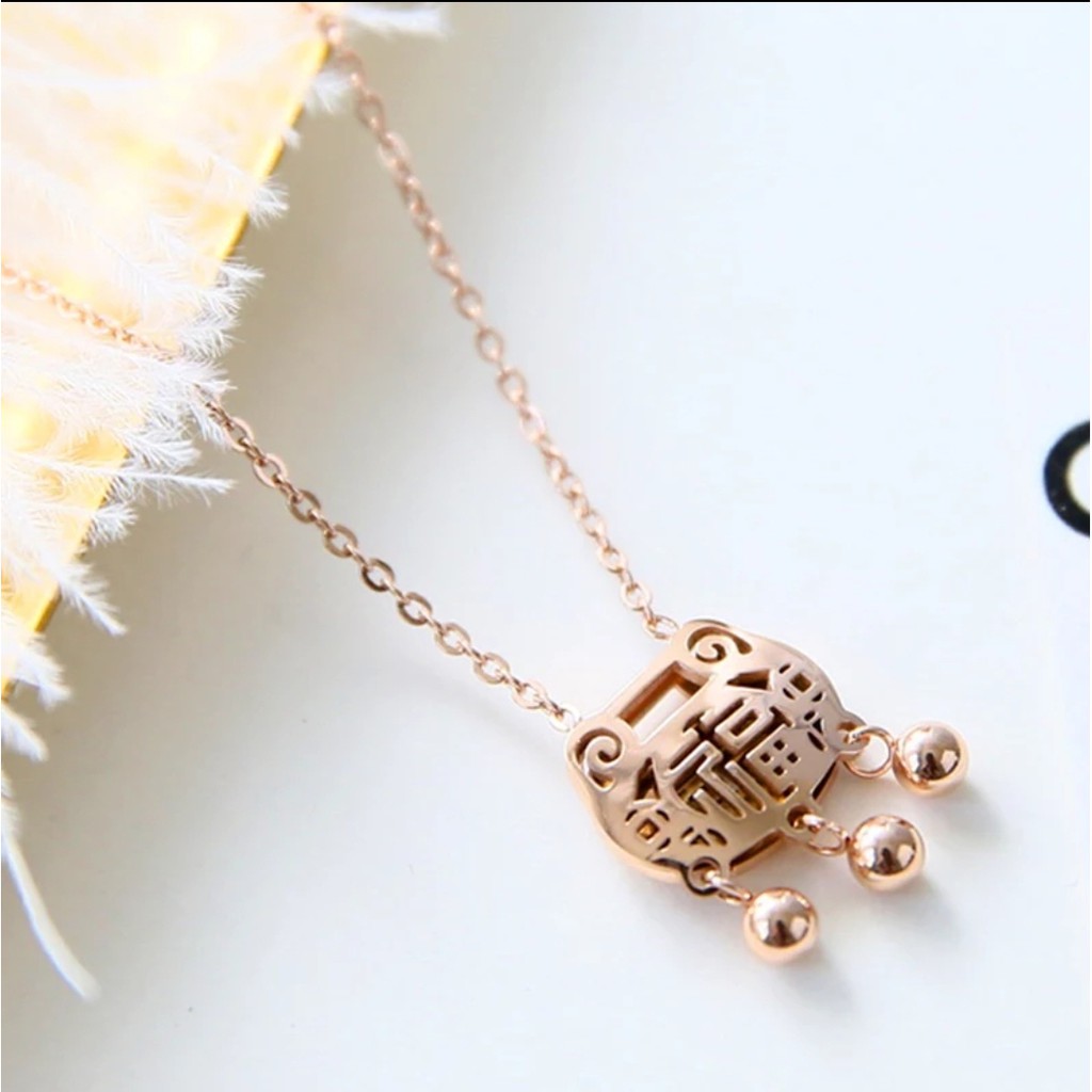 Kalung Titanium Etnis China Umur Panjang Warna Rose Gold dan Silver