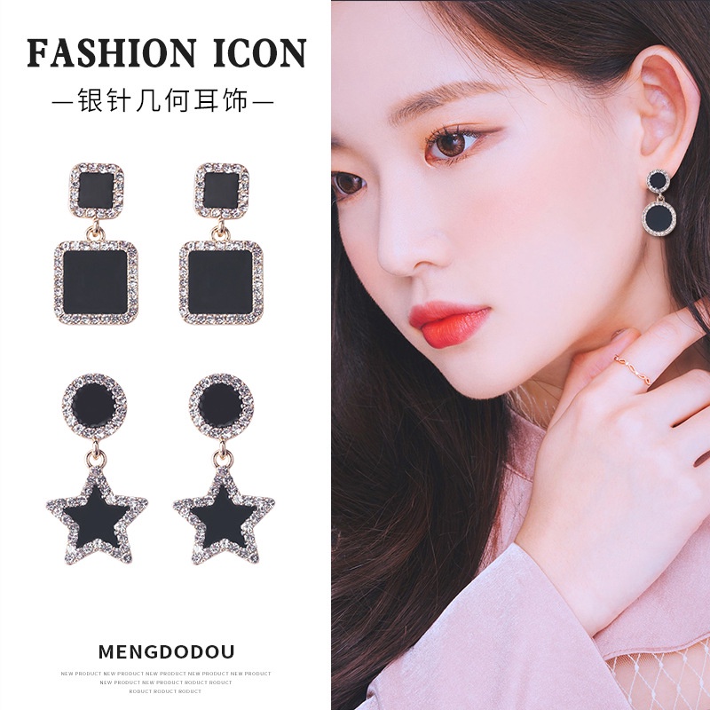 Anting Tusuk Gantung Temperament Bahan Sterling silver 925 Desain Geometri / Bulat / Persegi / Bintang Untuk Wanita