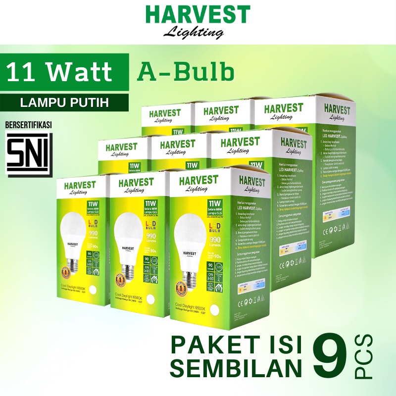 11W - Paket Isi 9 - HARVEST LIGHTING Lampu Bohlam LED A Bulb  11 Watt Lampu Hemat Energi Original Bersertifikasi SNI dan Bergaransi