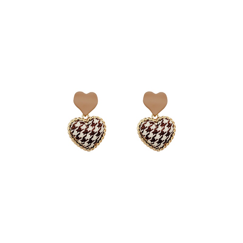 Anting S925 Silver Needle Bentuk Hati Houndstooth Warna Kopi Peach