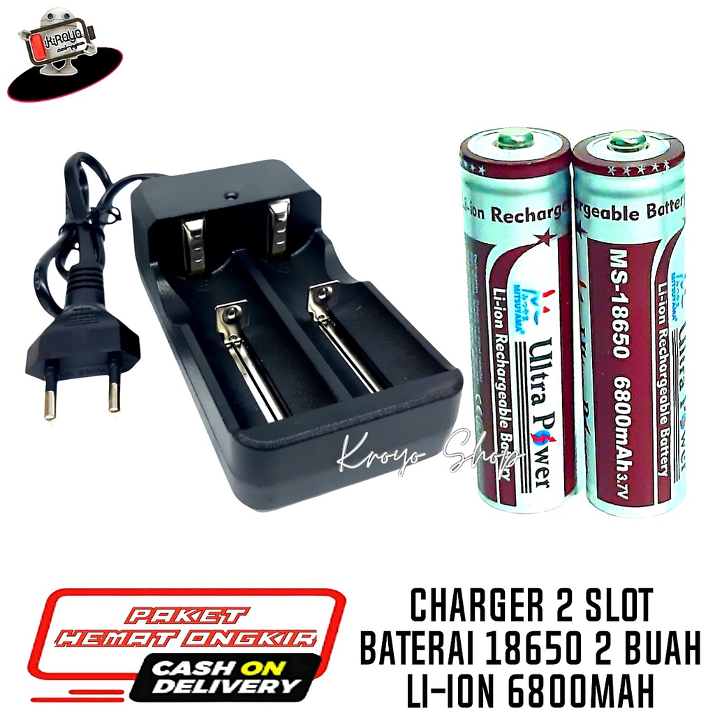 Charger + 2 Batterai 18650 Li-ion 3.7v - 6800mAh