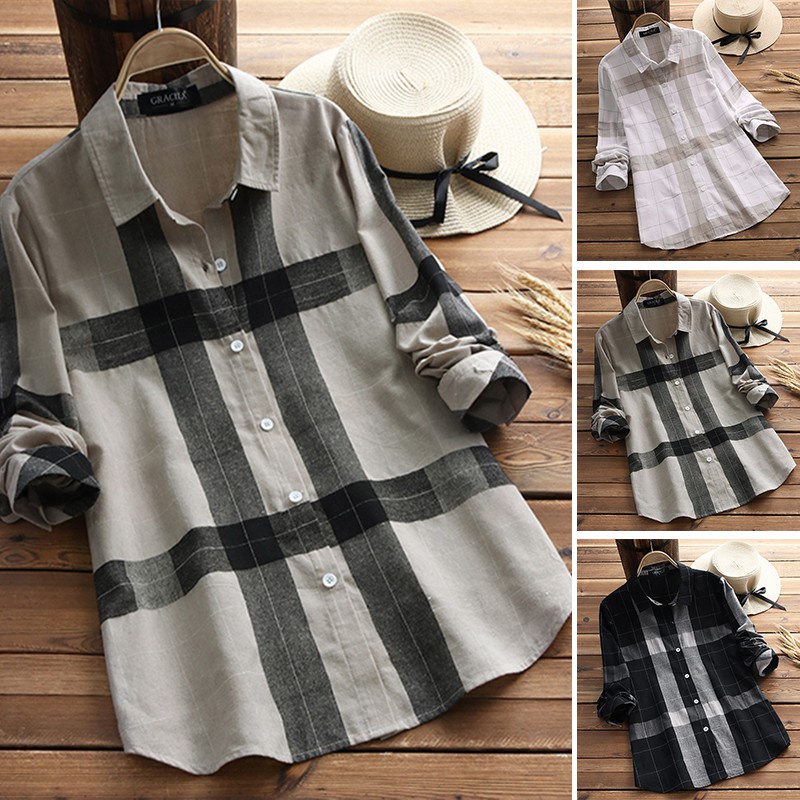 GRACILA Women Long Sleeve Plaid  Casual Loose Lapel Turn Down Collar Blouse