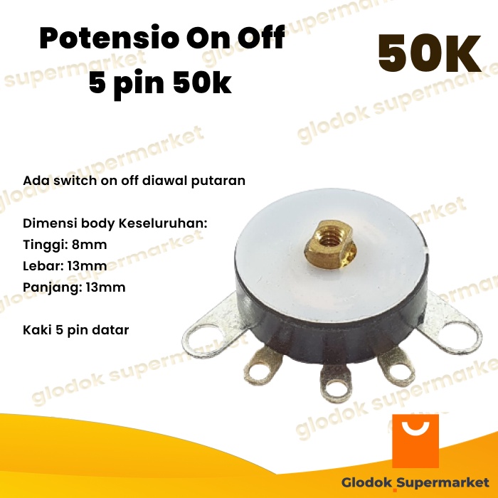 Potensio On Off 5 pin 10k 5 Kaki Datar Kancing Flat Foot Switch 103