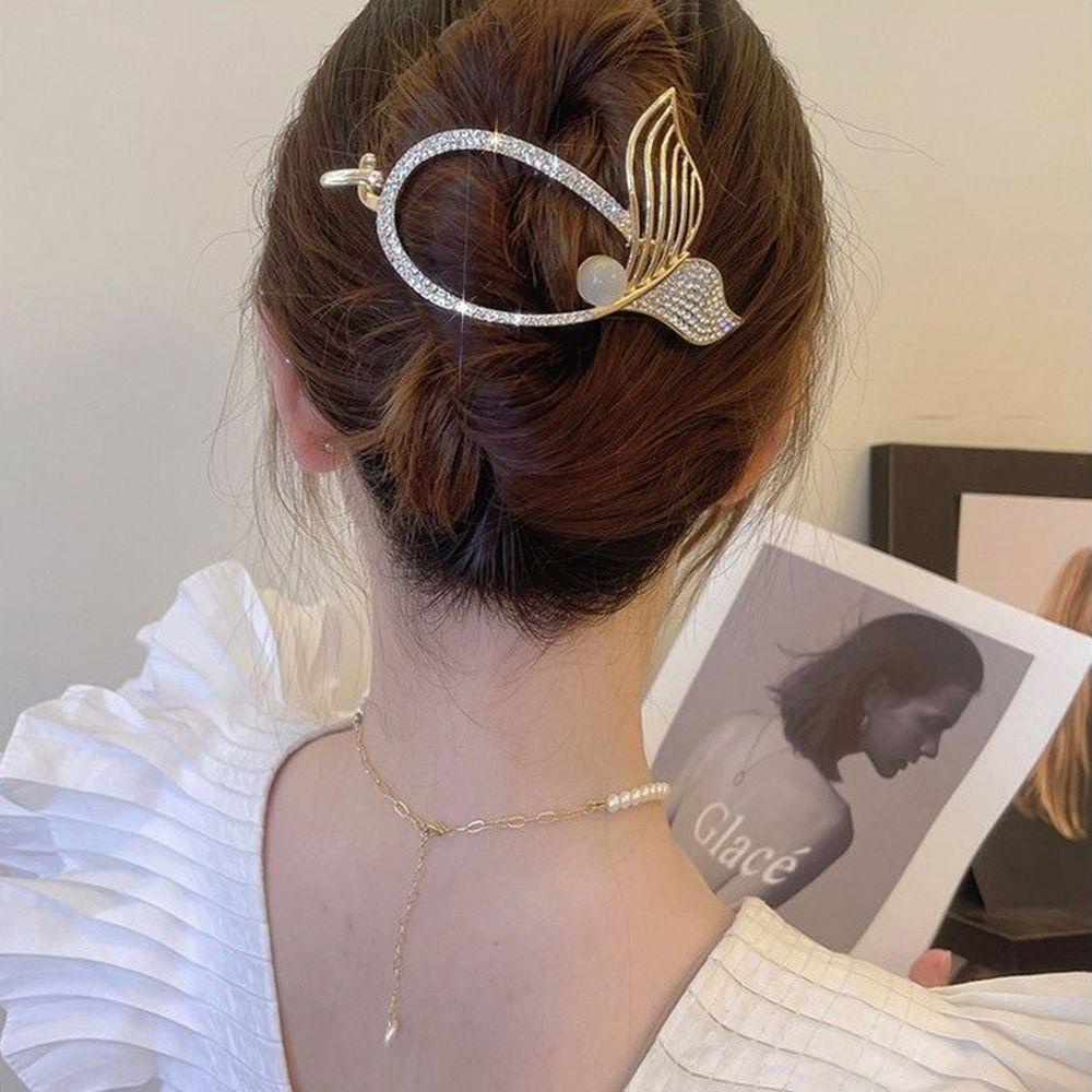 Augustina Fishtail Klip Rambut Vintage Sederhana Mutiara Hiasan Kepala Berlian Hiasan Kepala Gadis Ponytail Holder