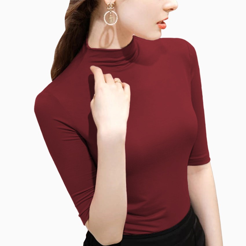 Kaos tshirt leher tinggi lengan 3/4 Wanita model terbaru - XSHOP Cahaya