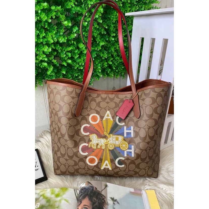 Tas Coach C6813 City Tote In Signature Canvas With Radial Rainbow Khaki Multi New Original