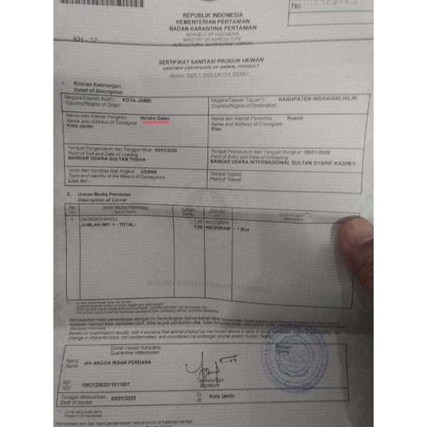 

Surat Karantina Madu untuk pengiriman ke wilayah kepulauan