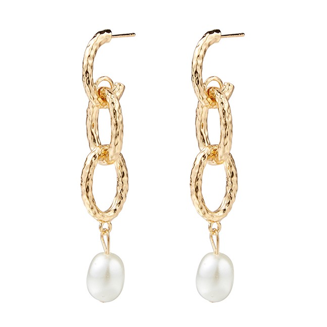 LRC Anting Tusuk Fashion Gold Alloy Chain Pearl Earrings F69318