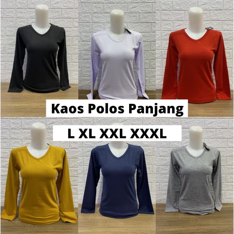 Kaos polos lengan panjang wanita v neck L XL XXL XXXL
