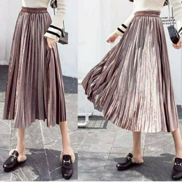 Midi flare skirt rok prisket plisket satin velvet ombre gradasi import asli thailand bangkok realpic
