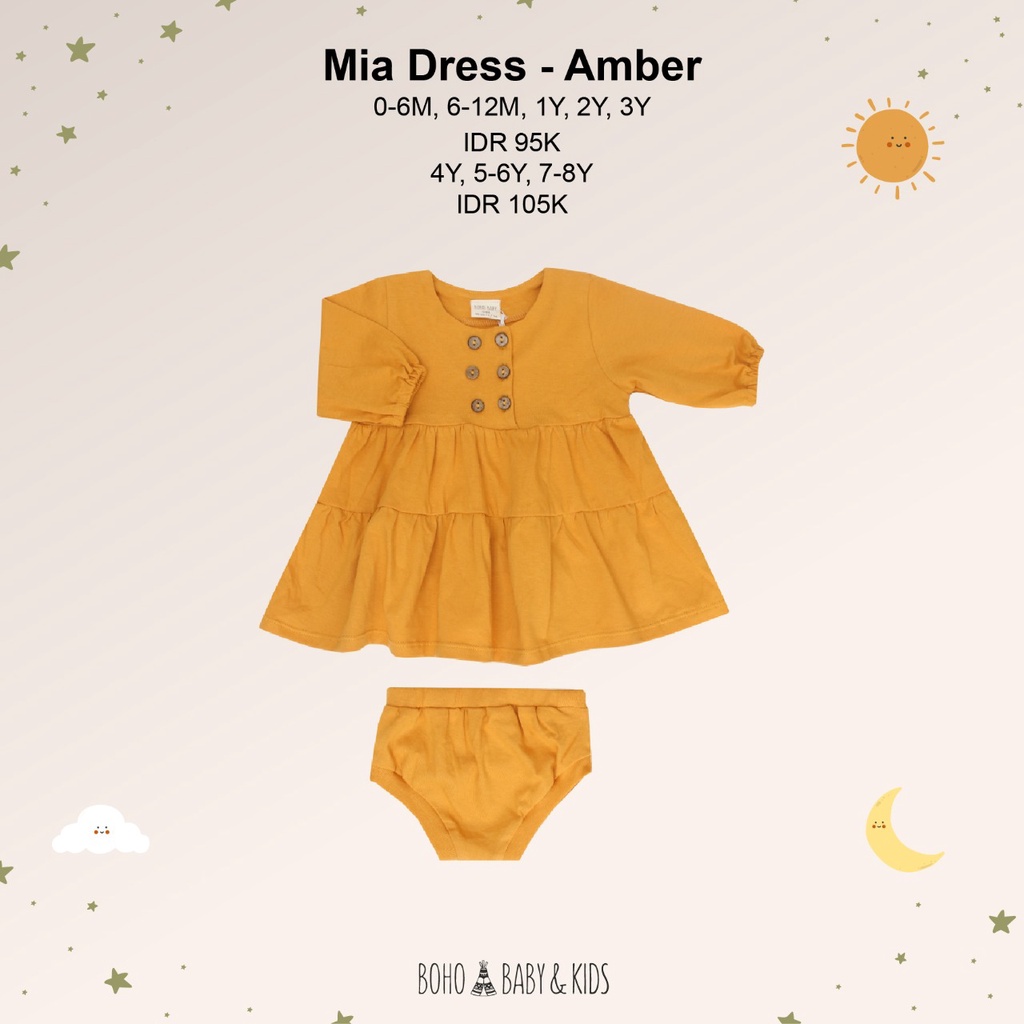 Bohobaby Mia Dress 7-8Y Amber/Bohopanna Gaun Lengan Panjang Anak Kuning/Baju Rok Terusan Yellow