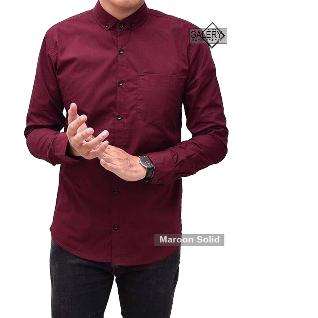 Kemeja Pria Casual Polos Lengan Panjang Oxford Maroon Solid Slimfit