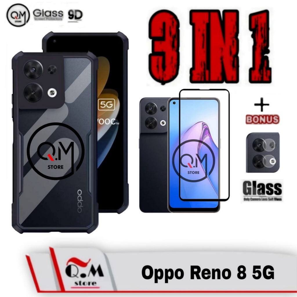 Paket 3 in1 Case Transparan Oppo Reno 8 5G Softcase Transparan Armor Acrilik Pelindung Back Cover